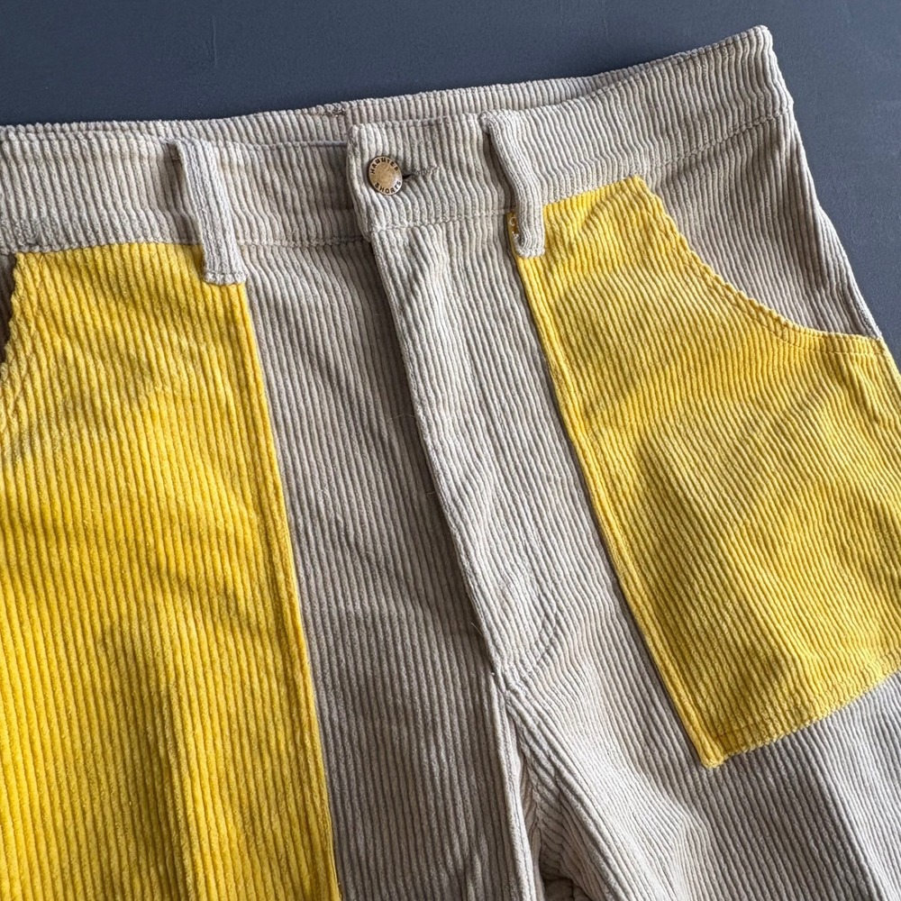 Hammies Corduroy Bell Bottom Pants | 36x25 | Colorblock Retro Cream Yellow Cords